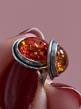 Sterling Silver Oval Gorgeous Amber earnings  - Rich Orange